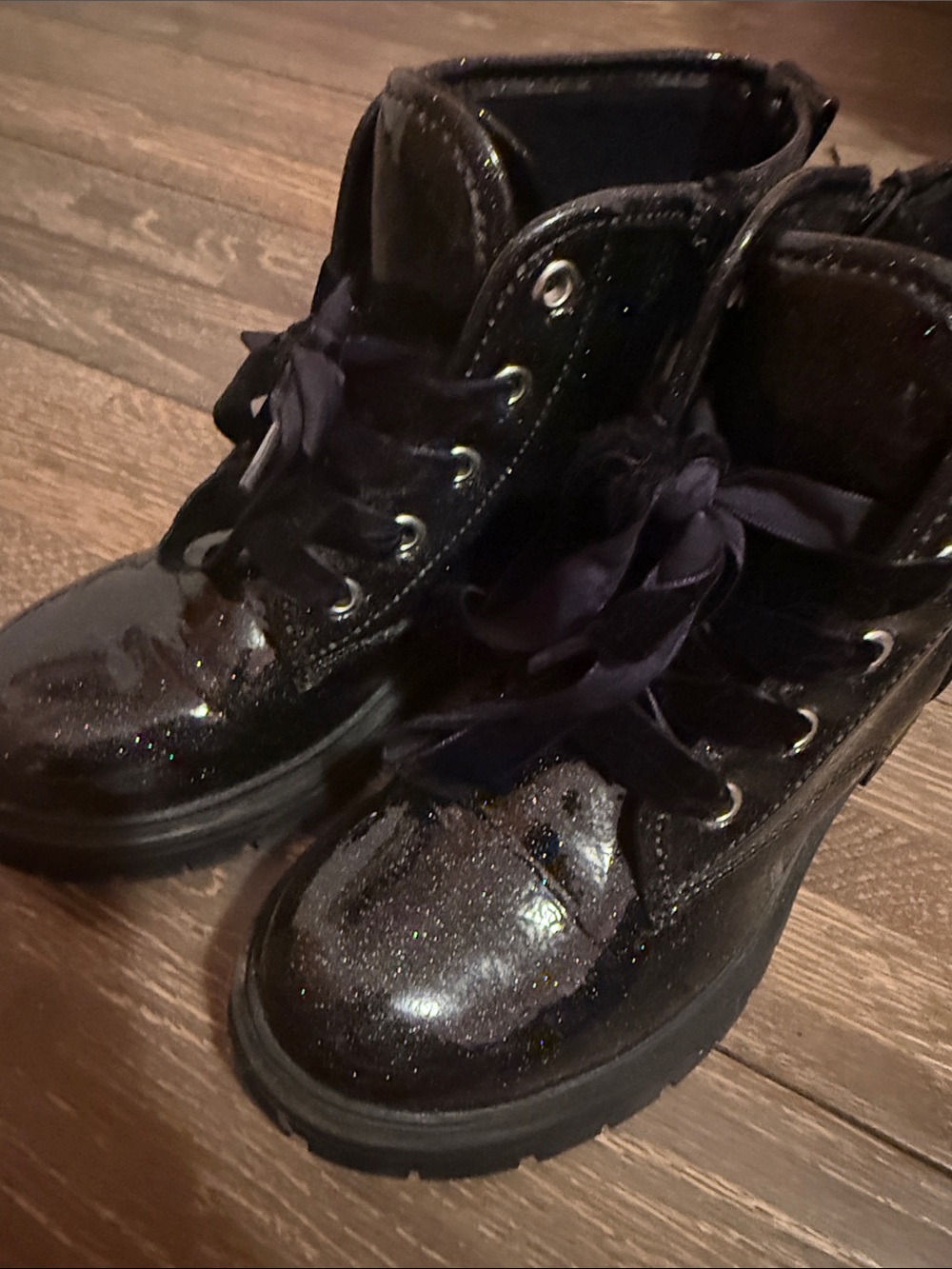 Kids Black Glitter Lace-Up Combat Boots